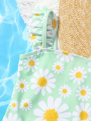 Floral Print One Piece Swimsuit Ruffled Straps Beach Swimwear
