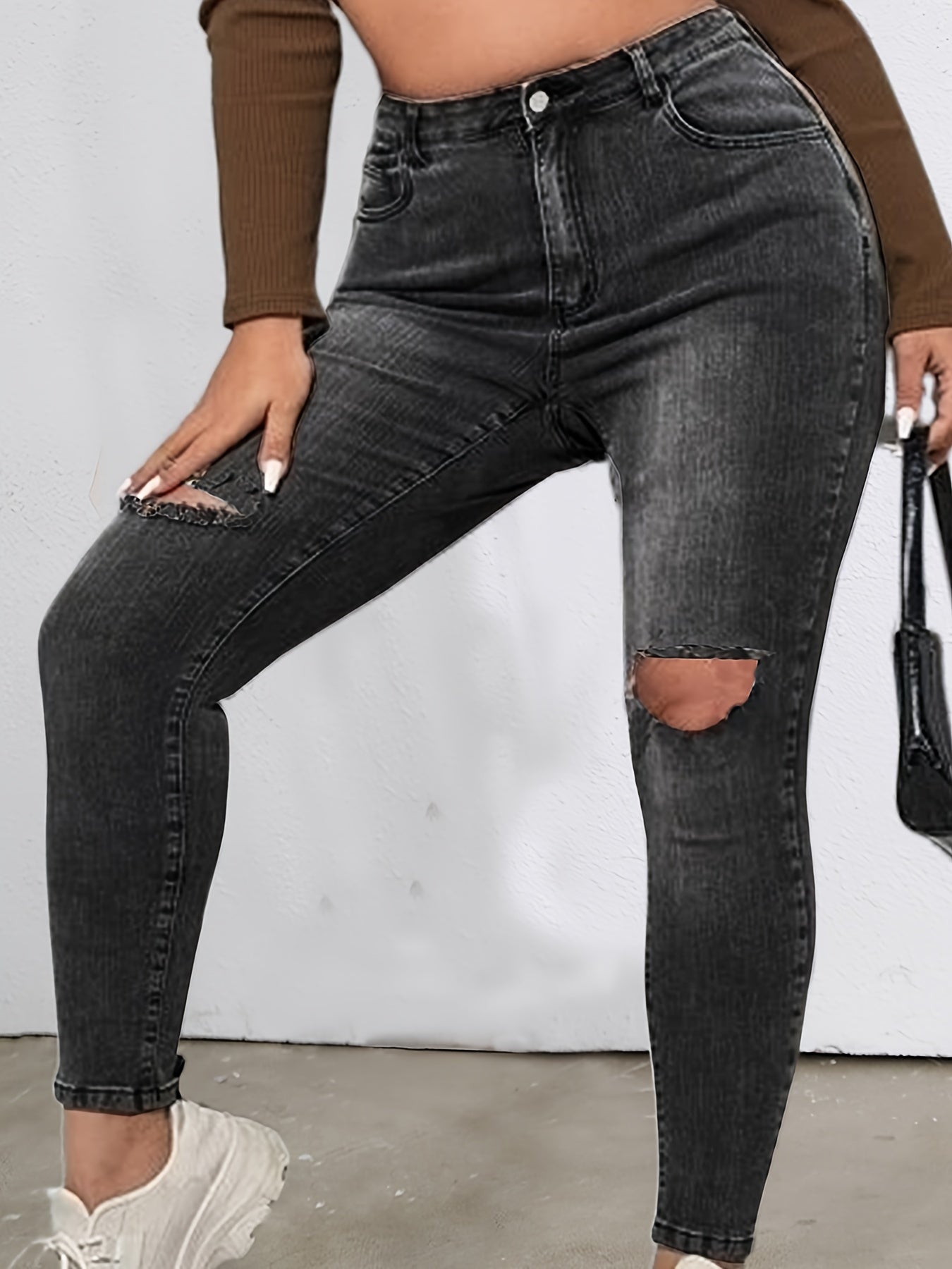 Solid Washed Ripped Button Up Skinny Jeans Plus Size