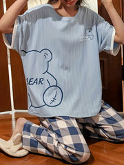 Bear Print Pajama Set Short Sleeve Top & Plaid Pants Women's Loungewear
