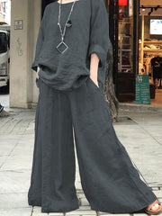 Casual Outfits Set Women's Plus Solid Top & Wide Leg Pants