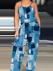 Denim Print Drawstring Waist Jumpsuit Sleeveless Casual Jumpsuit