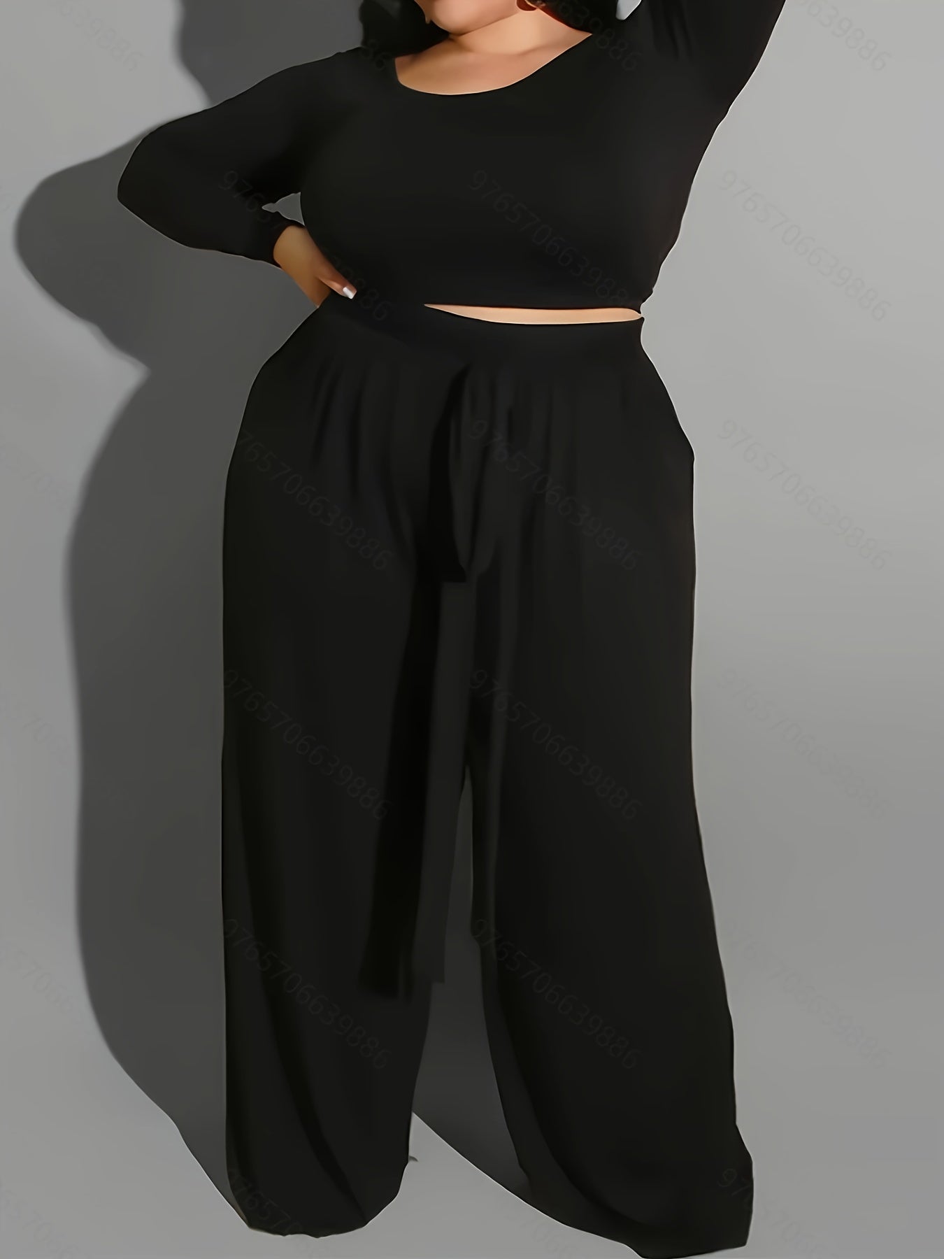 Solid Long Sleeve Crop Top & Wide Leg Joggers Outfit Set