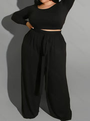 Solid Long Sleeve Crop Top & Wide Leg Joggers Outfit Set