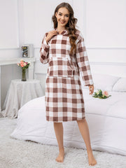 Plaid Fuzzy Hooded Night Robe Long Sleeve Robe With Pockets