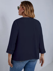 Casual Blouse Women's Plus Solid Contrast Lace Long Sleeve V Neck