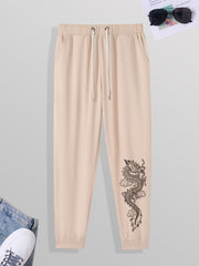 Men's Dragon Print Casual Sweatpants with Drawstring Pocket