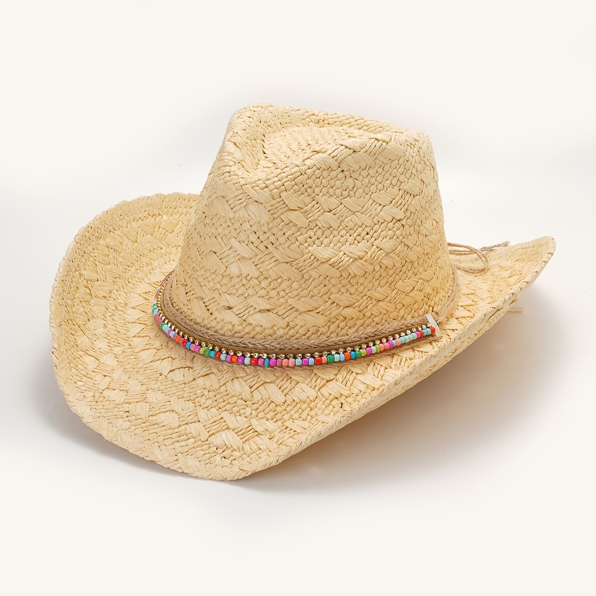 Beige Cowboy Cowgirl Hat Colorful Beads Straw Sun Hat