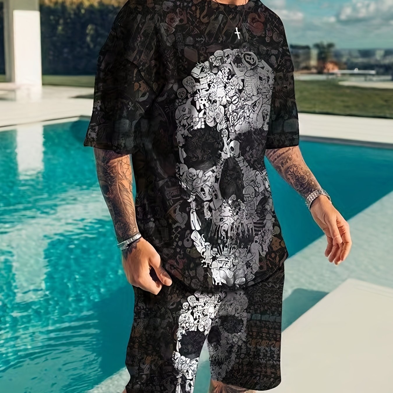 Men's Skull Graphic T shirt & Active Shorts Set