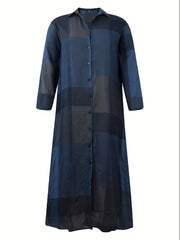 Colorblock Button Up Long Sleeve Maxi Shirt Dress