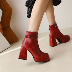 Women's Crocodile Ankle Boots Block Heel Side Zip Buckle Strap Retro Short Boots