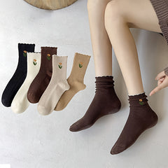 5 Pairs Floral Print Socks with Scallop Trim for Women