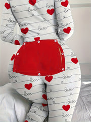 Heart Print Pajama Jumpsuit V Neck Long Sleeve Buttons Pajamas Women's Sleepwear
