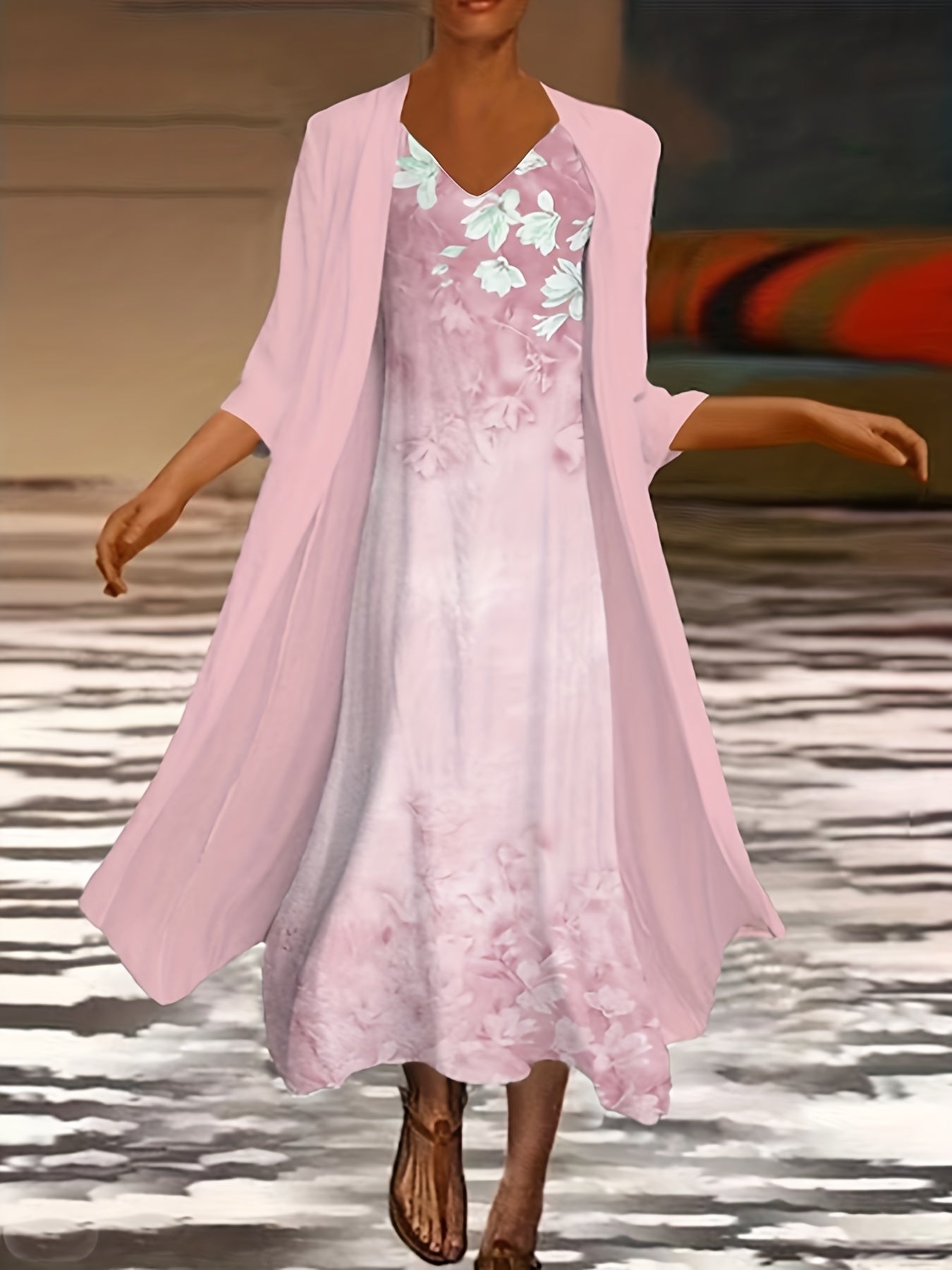 Floral Print Tank Dress & Half Sleeve Coat Set