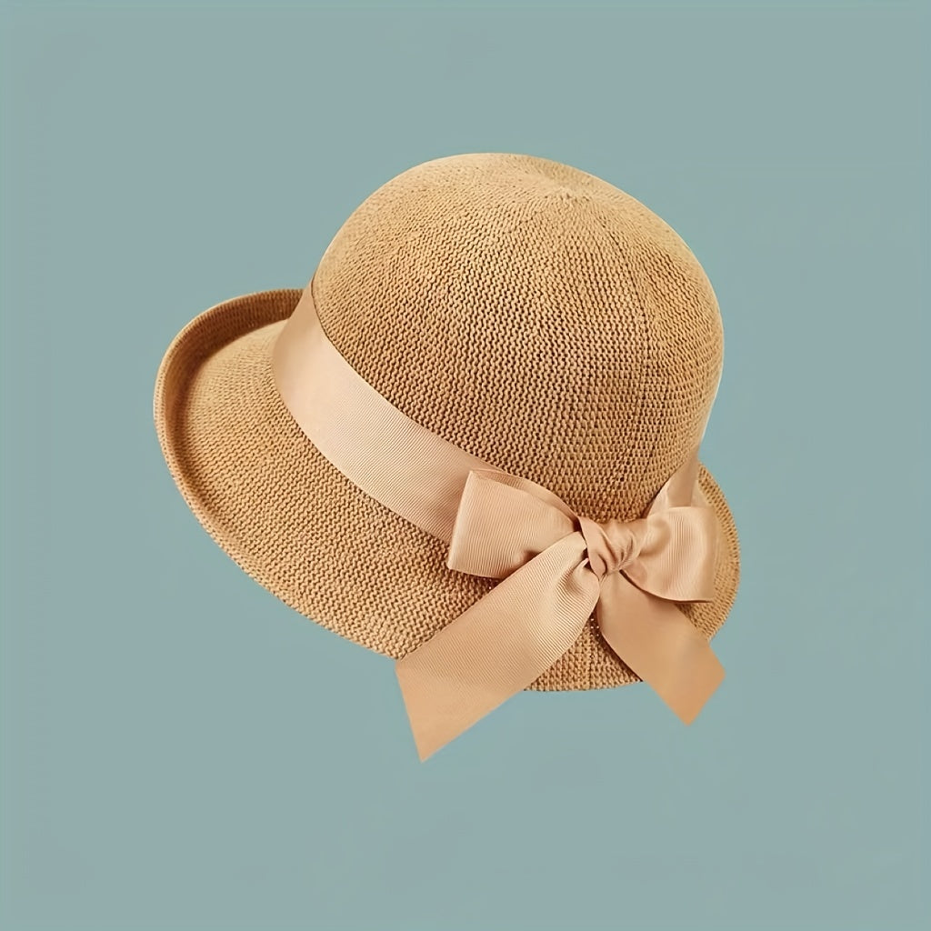 Short Brim Bucket Hat Ribbon Bowknot Sun Hat Solid Adjustable Travel Beach