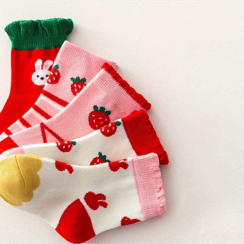 5 Pairs Boy's Cartoon Striped Crew Socks Breathable Casual Style