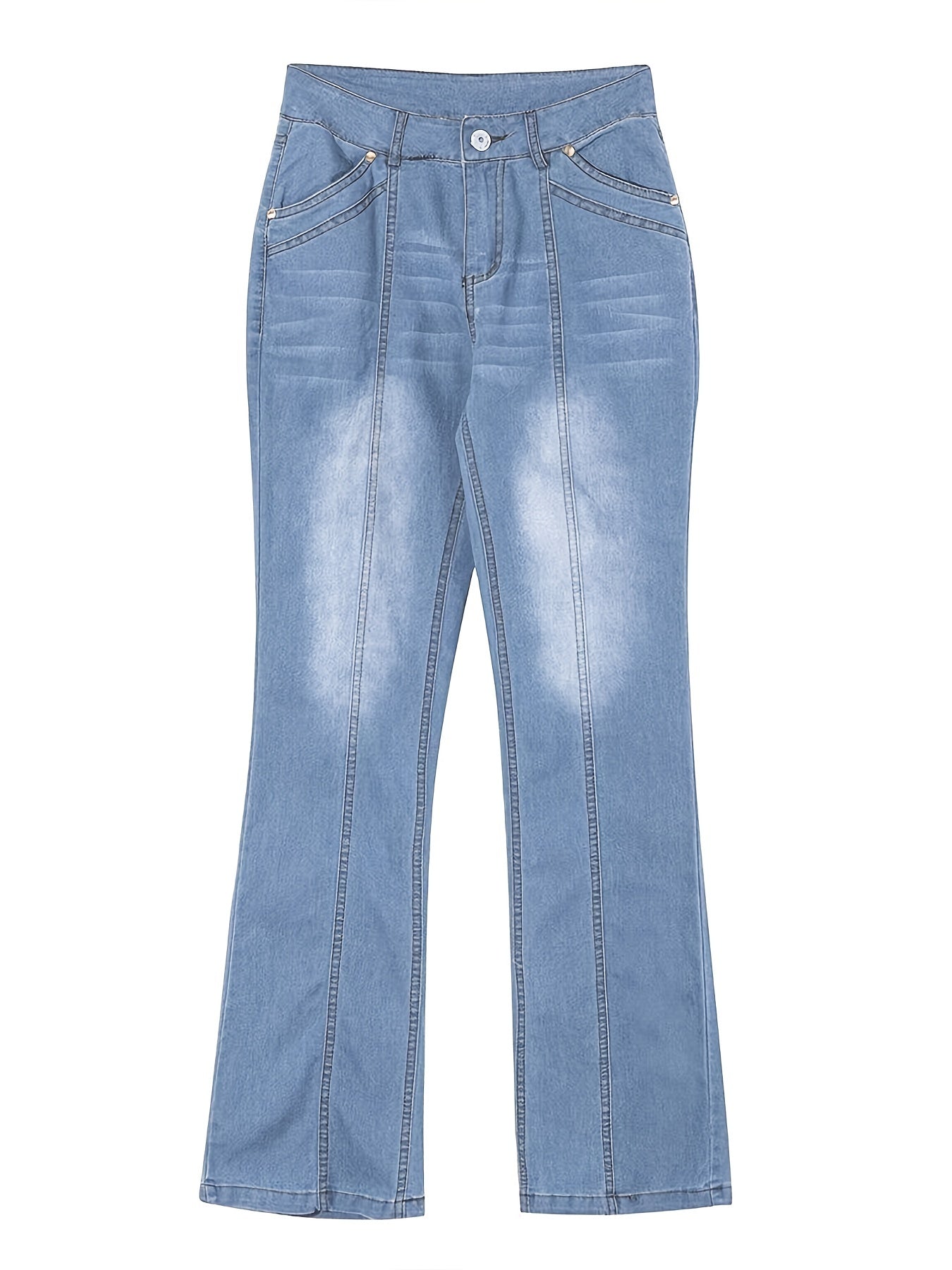 Mid Rise Flare Jeans Slash Pockets Bell Bottom Wide Leg Slim Fit Denim Pants