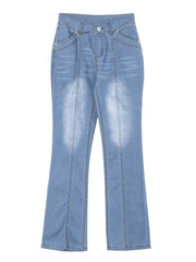 Mid Rise Flare Jeans Slash Pockets Bell Bottom Wide Leg Slim Fit Denim Pants