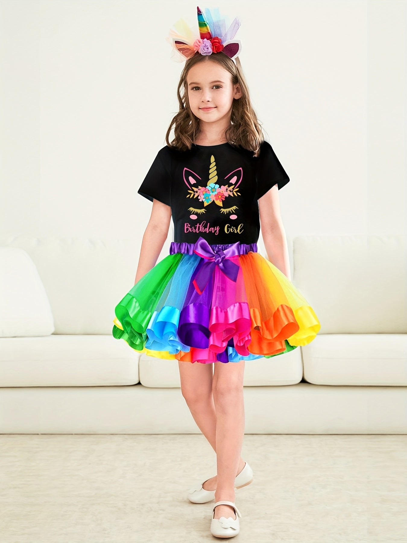 Girl's Birthday Outfit 4pcs Tutu Skirt & T shirt & Headband & Birthday Ribbon