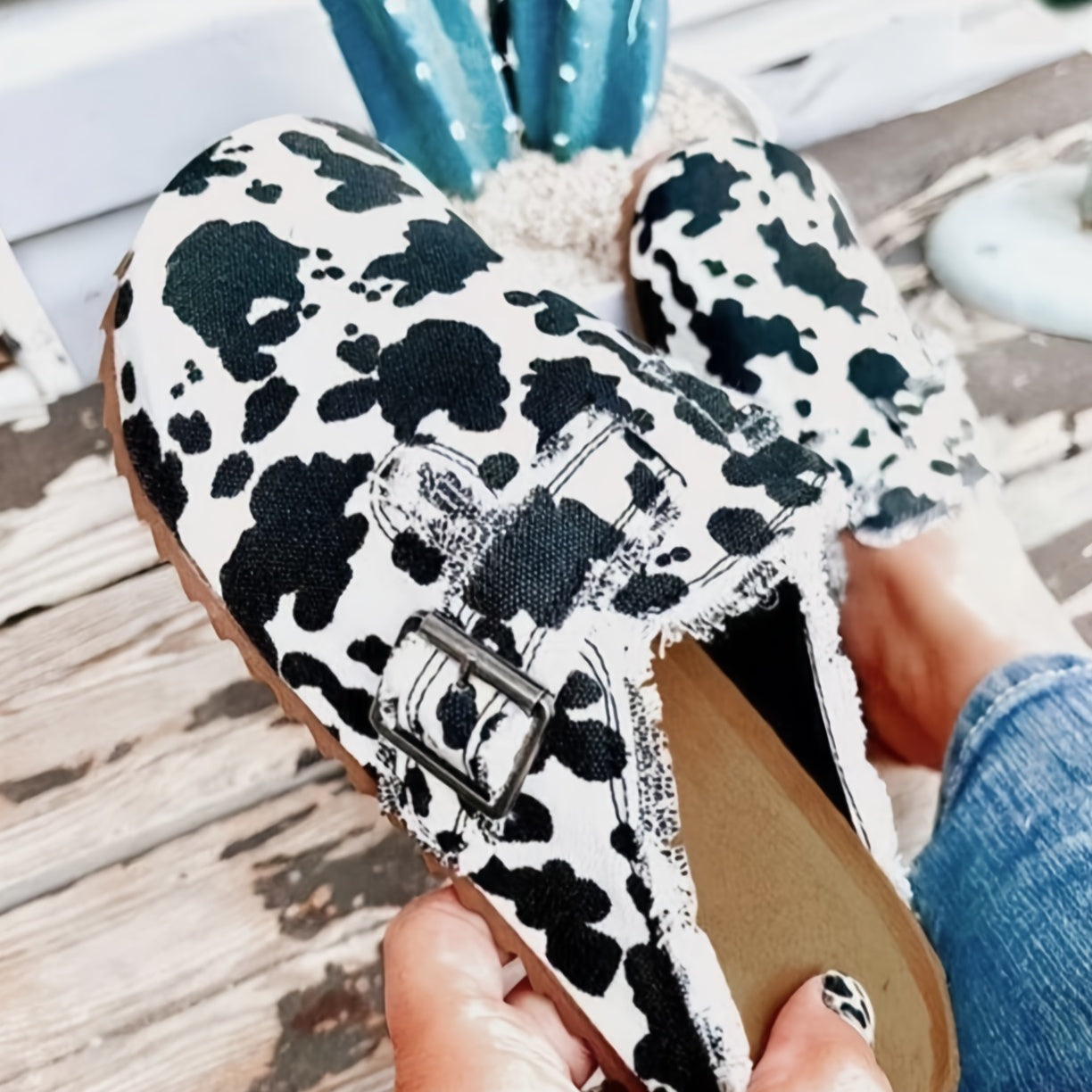 Women's Cow Print Mules Buckle Strap Flat Clogs