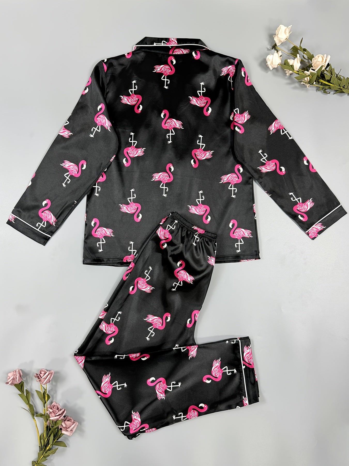 Flamingo Print Pajama Set Long Sleeve Top & Pants Women's Sleepwear