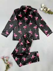 Flamingo Print Pajama Set Long Sleeve Top & Pants Women's Sleepwear