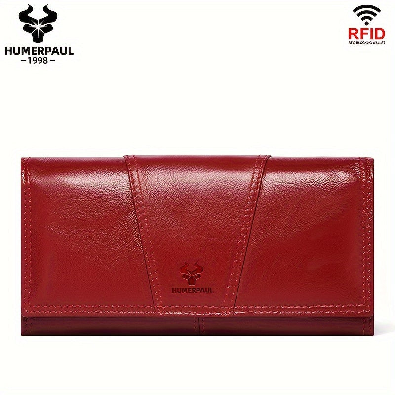 HUMERPAUL Women's RFID Blocking Leather Long Wallet - Rich Red