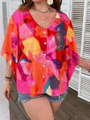 Colorblock Floral Print V Neck Top