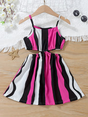 Girls Rainbow Striped Cut out Waist Cami Dress Sleeveless A Line Flared Dresses