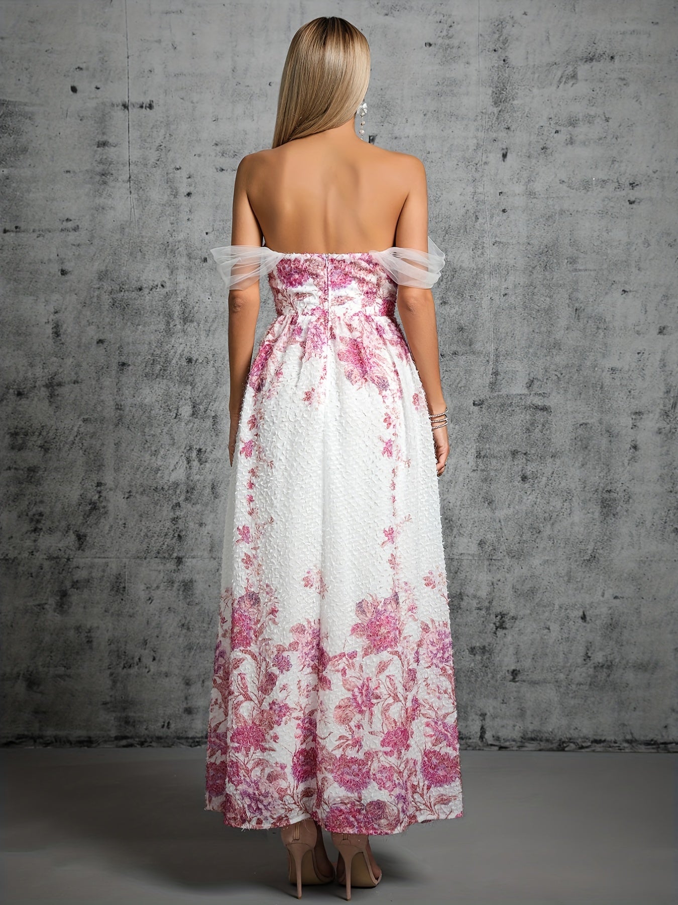 Off Shoulder Floral Print Bridesmaid Dress Wedding Party Dress