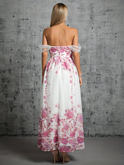 Off Shoulder Floral Print Bridesmaid Dress Wedding Party Dress