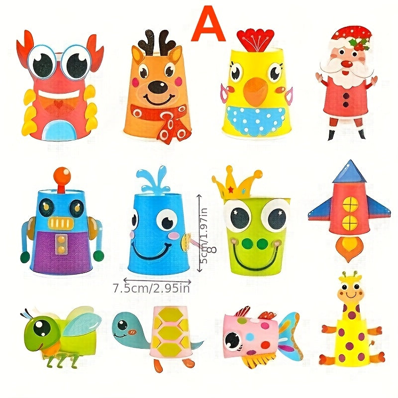 12pcs Animal Cup Sticker DIY Craft Set for Kids- Christmas Halloween Ea