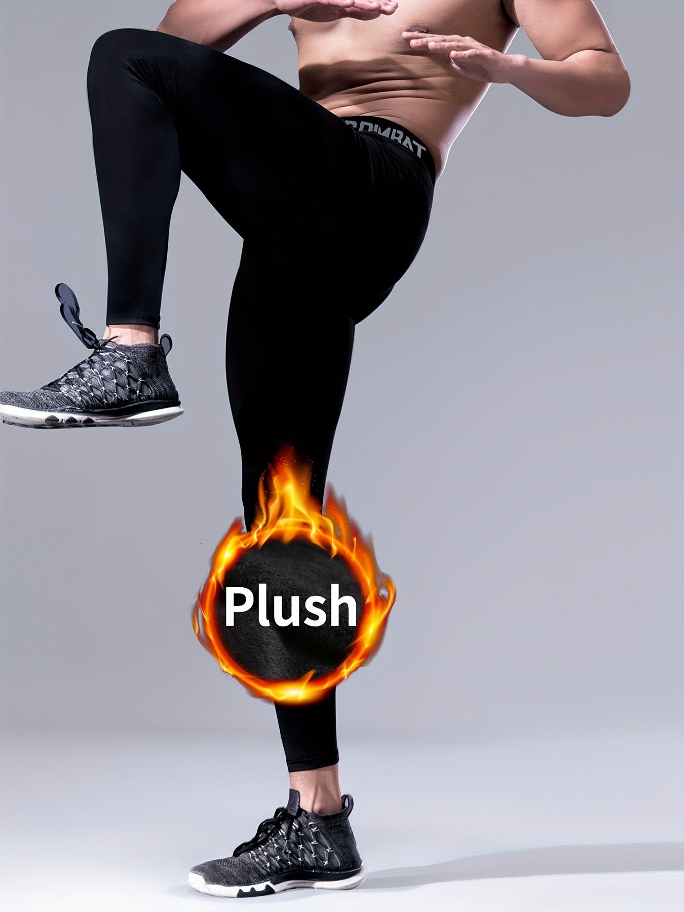 Men's Solid Fleece Warm Compression Pants for Outdoor Workout
