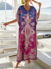 Boho Kaftan Dress Women's Tribal Print V Neck Maxi Beachwear