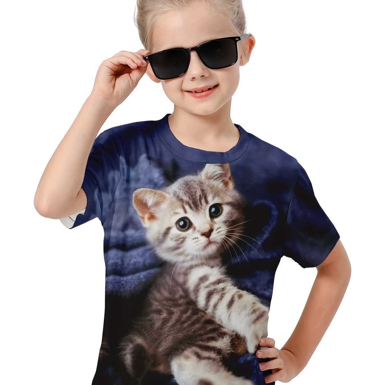 3D Cat Graphic Short Sleeve T-shirt Breathable Pullover Tops