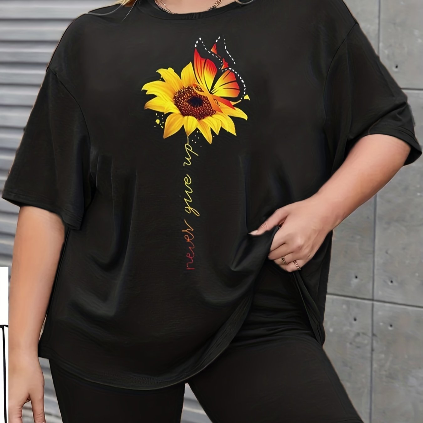 Sunflower & Butterfly Print Tee & Biker Shorts Lounge Set