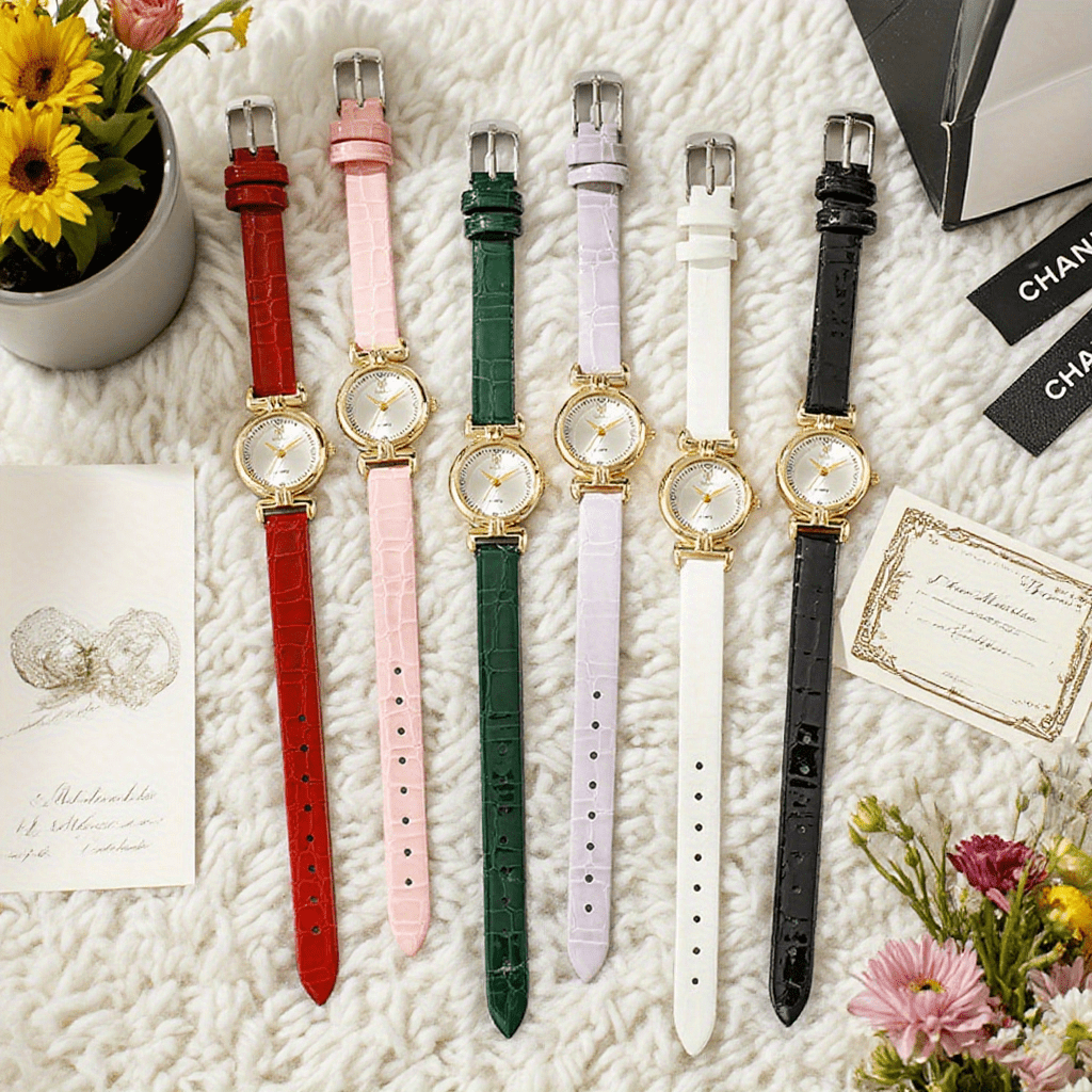 6pcs PU Leather Strap Circular Dial Quartz Watch for Men and Women
