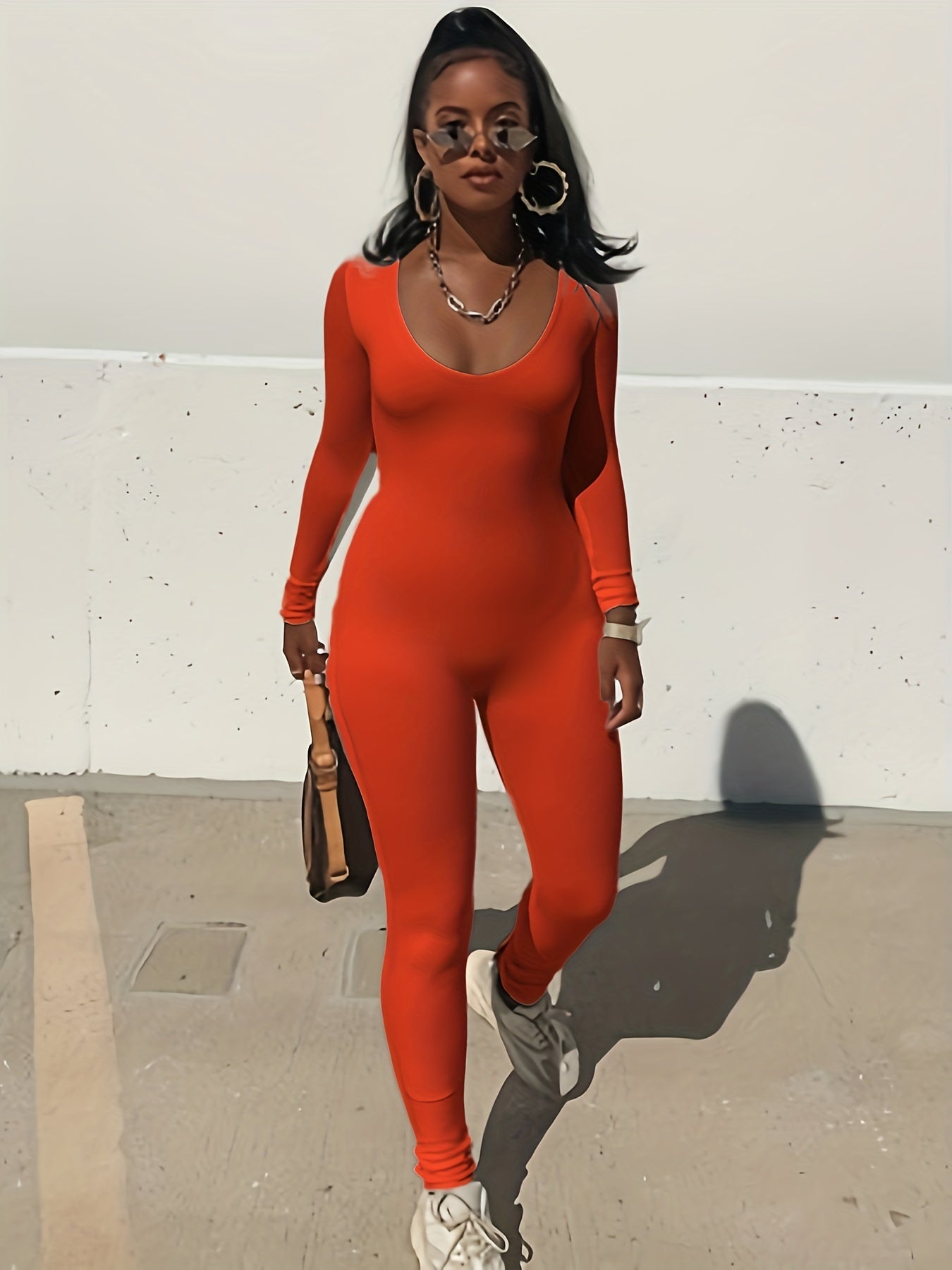 Skinny Crew Neck Jumpsuit Long Sleeve Stretchy Women's Clothing