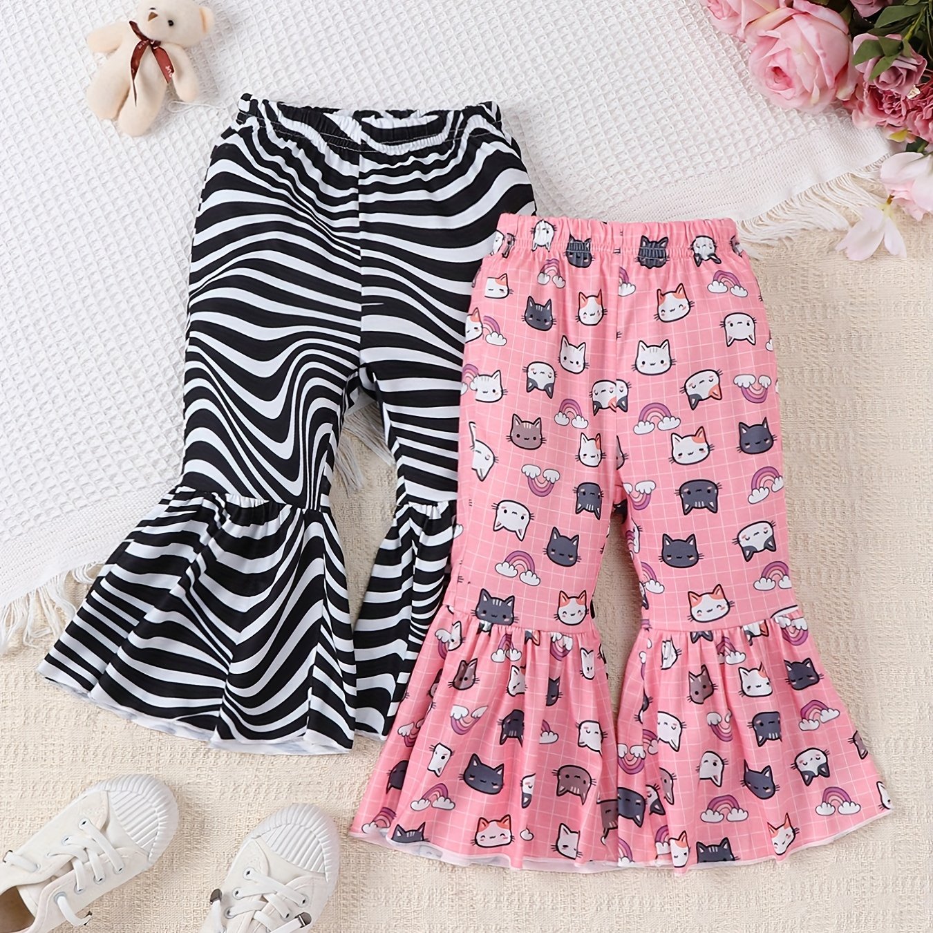 Baby Girls Water Ripple & Cartoon Cat Flared Trousers 2pcs