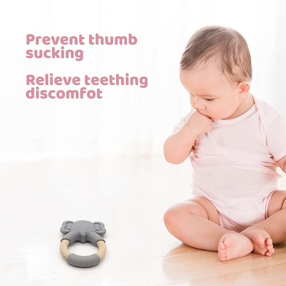 Silicone Baby Teether Toy with Natural Beech Wood Handle