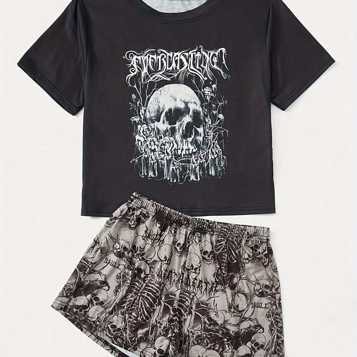 Skull Print Lounge Set Short Sleeve Top & Shorts Women's Loungewear