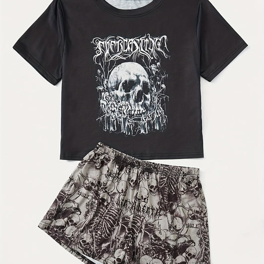 Skull Print Lounge Set Short Sleeve Top & Shorts Women's Loungewear