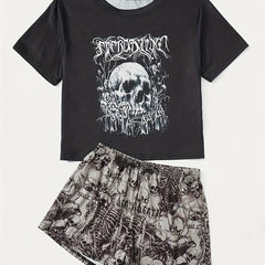 Skull Print Lounge Set Short Sleeve Top & Shorts Women's Loungewear