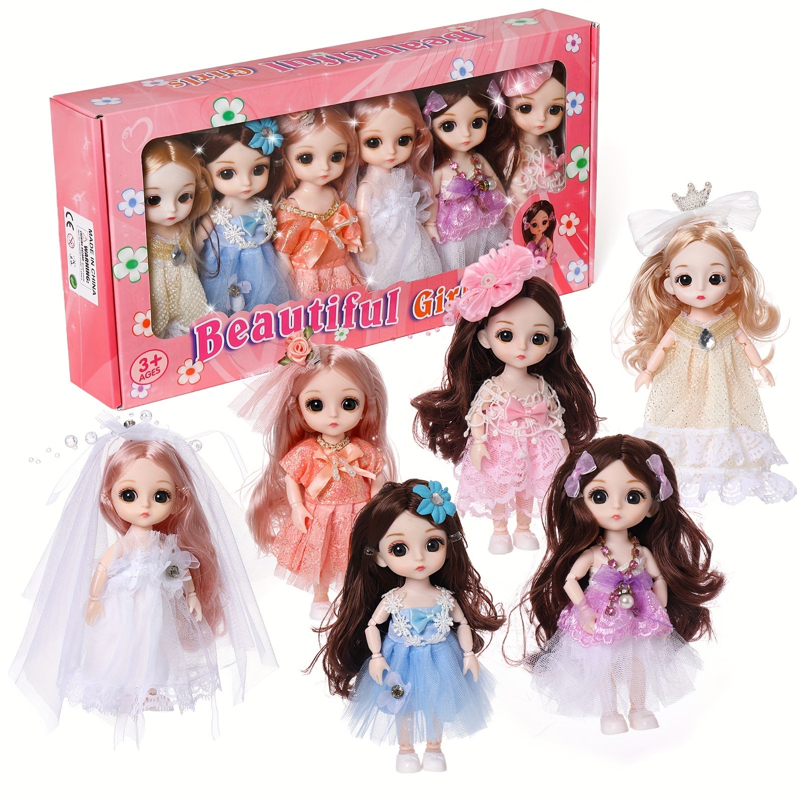 6pcs Mini Princess Doll Set with Accessories Mixed Colors
