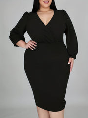 Solid Lantern Sleeve Surplice Neck Slim Fit Dress