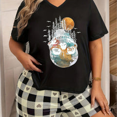 Skull & Trees Print V Neck Pajama Top Plus Size Halloween Goth Loungewear