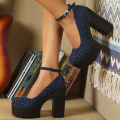 Denim Block Heels Buckle Strap Platform Pumps