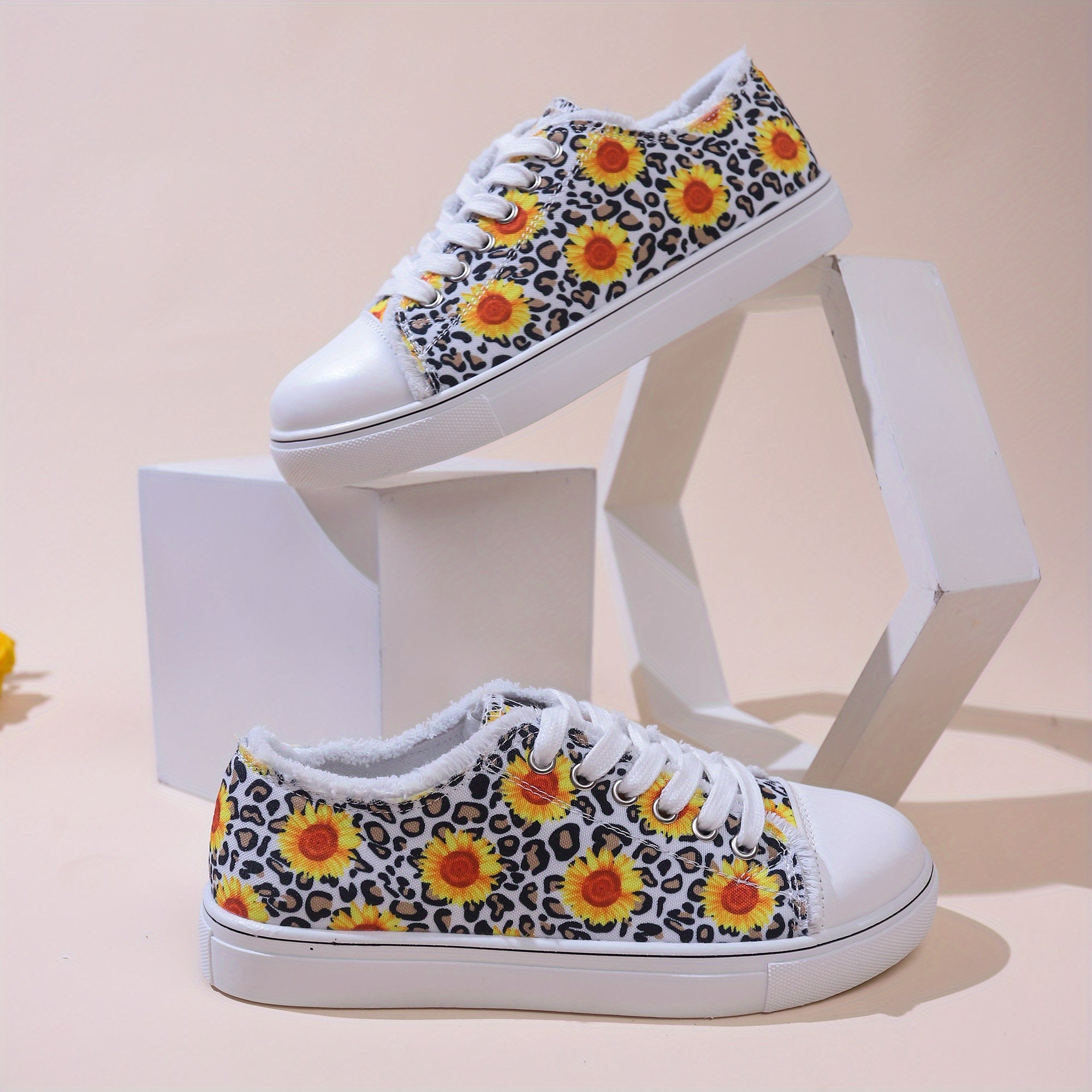 Leopard & Flower Print Lace Up Flat Shoes for Women