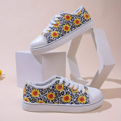 Leopard & Flower Print Lace Up Flat Shoes for Women