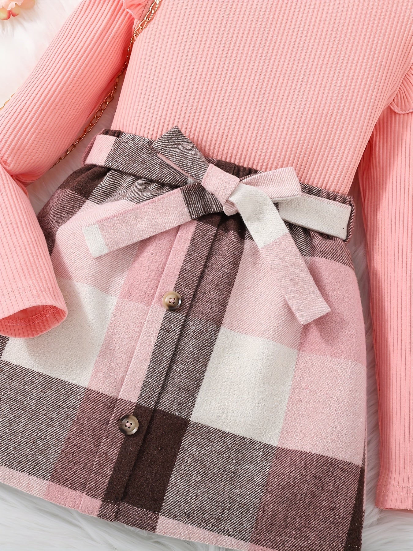 Toddler Baby Girls 2pcs Ruffle Knit Tops Bow Tie Plaid Mini