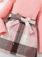 Toddler Baby Girls 2pcs Ruffle Knit Tops Bow Tie Plaid Mini